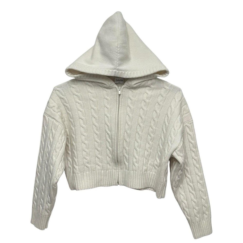 Aritzia Sunday Best Wool Blend Cardigan Sweater Sz M Cable Knit Crop Hooded